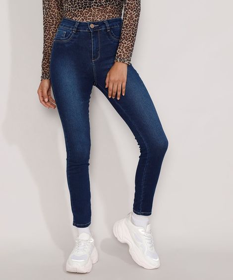 Calça Jeans Feminina Cintura Alta Sawary Skinny Azul Escuro