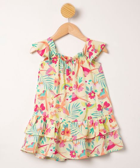 vestido infantil de viscose estampado pássaros com babados alça fina amarelo