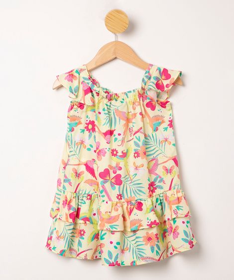 vestido infantil de viscose estampado pássaros com babados alça fina amarelo