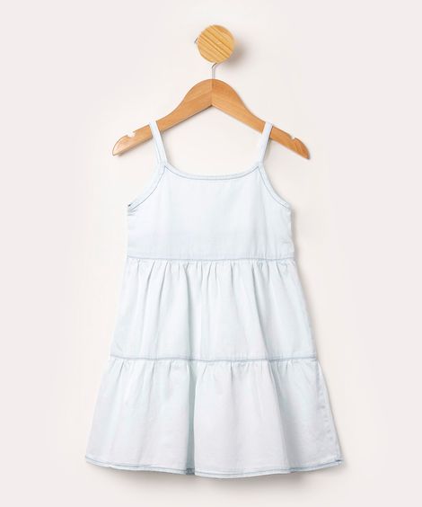 vestido infantil jeans com recortes alça fina azul claro