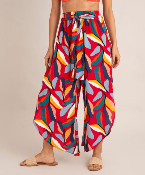 calça saída de praia em viscose cintura alta com fenda e amarração estampa de folhagens abstratas multicor