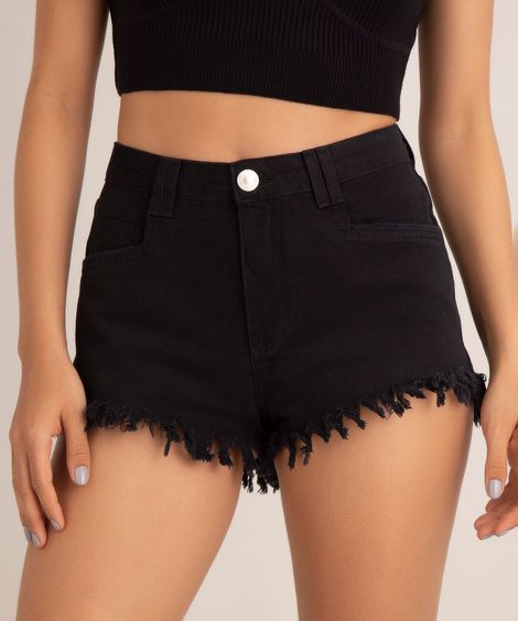 short curto de sarja cintura alta barra desfiada preto