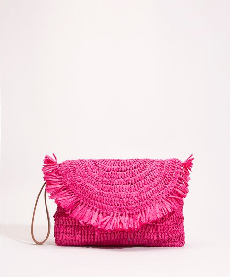 bolsa clutch em palha com alça rosa