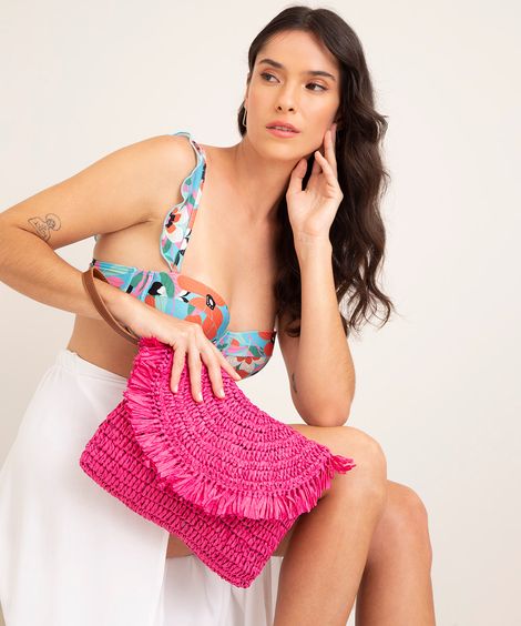 bolsa clutch em palha com alça rosa