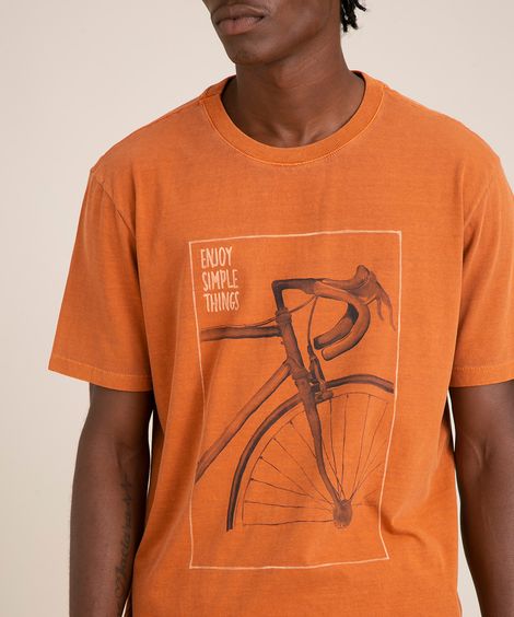 camiseta de algodão "enjoy simple things" bicicleta manga curta gola careca laranja