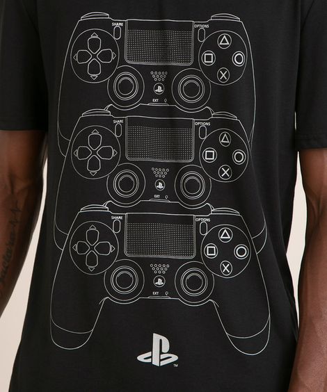 camiseta de algodão controles playstation manga curta gola careca preta