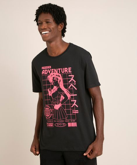 camiseta de algodão mangá "space adventure" manga curta gola careca preta
