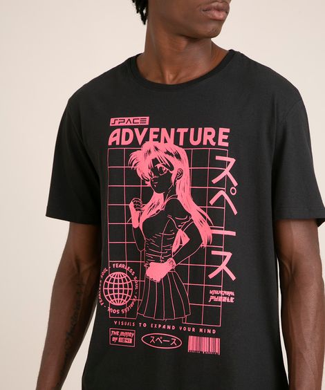 camiseta de algodão mangá "space adventure" manga curta gola careca preta