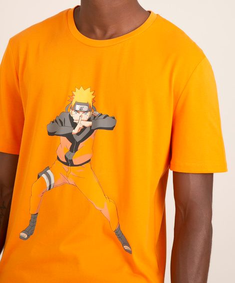 camiseta de algodão naruto manga curta gola careca laranja