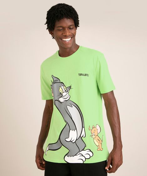 camiseta de algodão tom e jerry manga curta gola careca verde