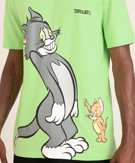 camiseta de algodão tom e jerry manga curta gola careca verde
