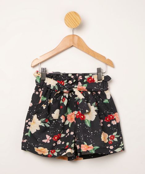 short clochard infantil estampado floral com cinto  azul marinho