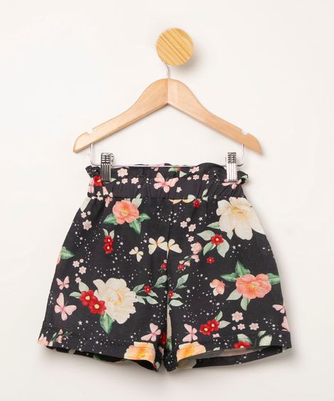 short clochard infantil estampado floral com cinto  azul marinho