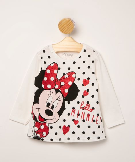 blusa infantil de algodão manga longa estampada minnie off white