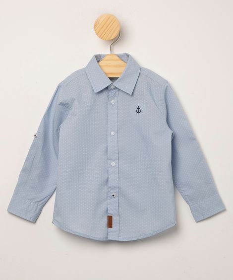 Camisa Infantil Estampada de Poá Manga Longa com Bolso azul claro