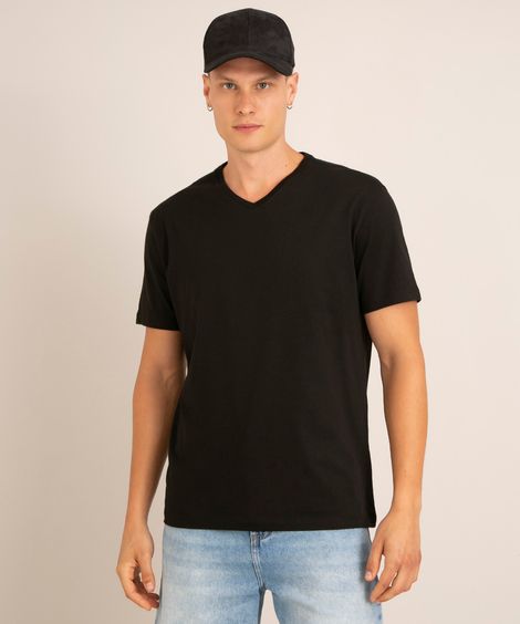 Camiseta Masculina Básica Manga Curta Gola V Preta