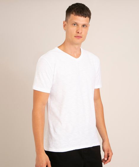 Camiseta Masculina Básica Flamê Manga Curta Gola V Branca