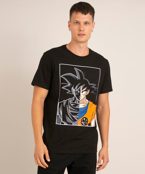 camiseta de algodão goku manga curta gola careca preto