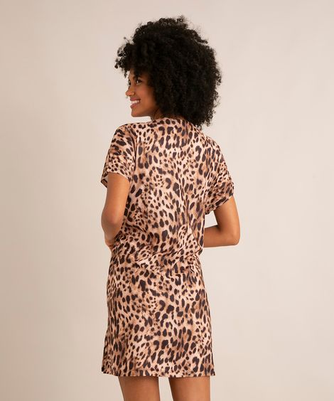 saída de praia kaftan manga curta estampado animal print onça marrom