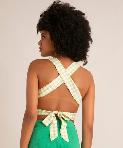 top cropped decote V amarração vichy verde