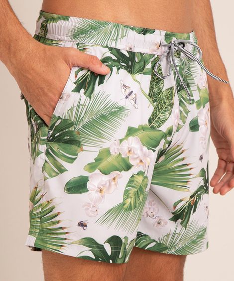short com estampa de folhagens off white