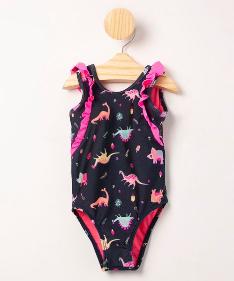 conjunto infantil de praia maiô estampado dinossauros + chapéu proteção uv50+ azul marinho