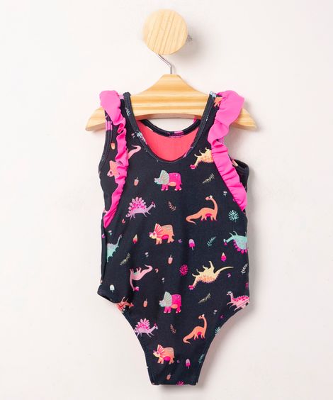 conjunto infantil de praia maiô estampado dinossauros + chapéu proteção uv50+ azul marinho