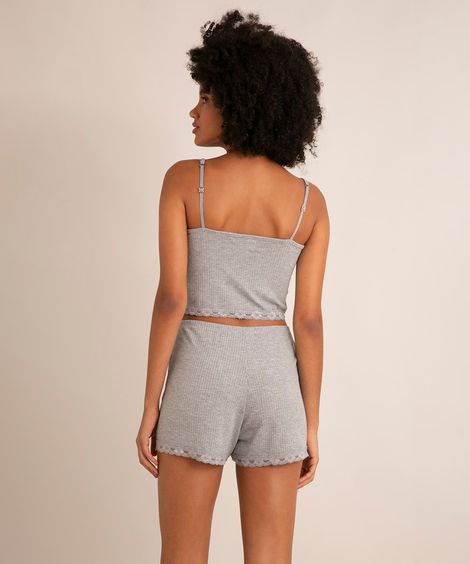 short doll canelado com renda alça fina cinza mescla