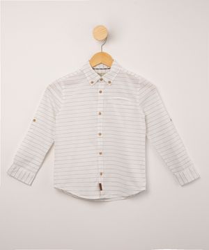 camisa de algodão listrada com bolso manga longa off white