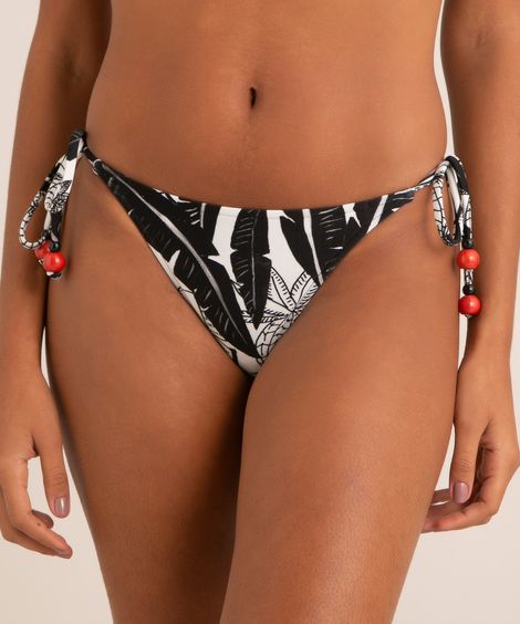 biquíni calcinha tanga amarração estampado folhagem com proteção uv50+ branco