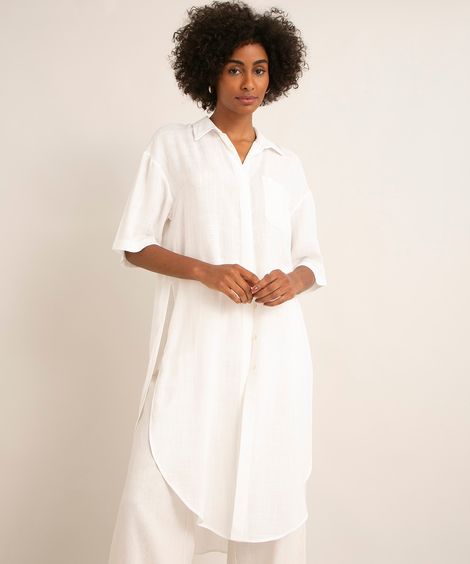 camisa longa de viscose manga curta com fenda e bolso off white