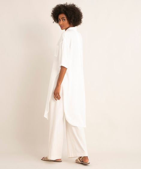 camisa longa de viscose manga curta com fenda e bolso off white