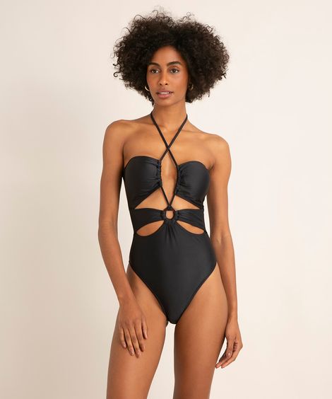 maiô bojo fixo cut out argola com amarração e proteção uv50+ preto