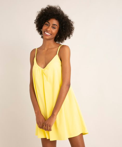 vestido curto alça fina decote v com amarração amarelo