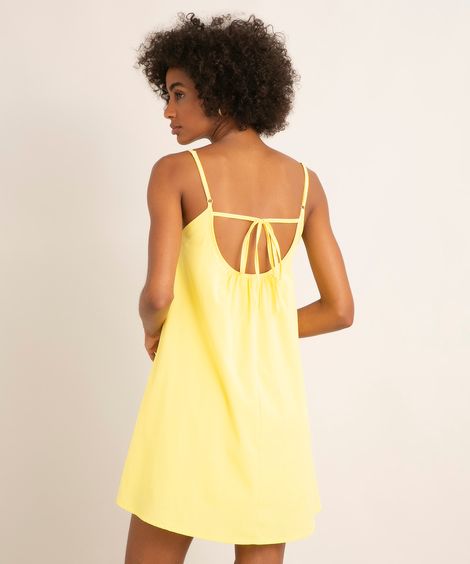vestido curto alça fina decote v com amarração amarelo
