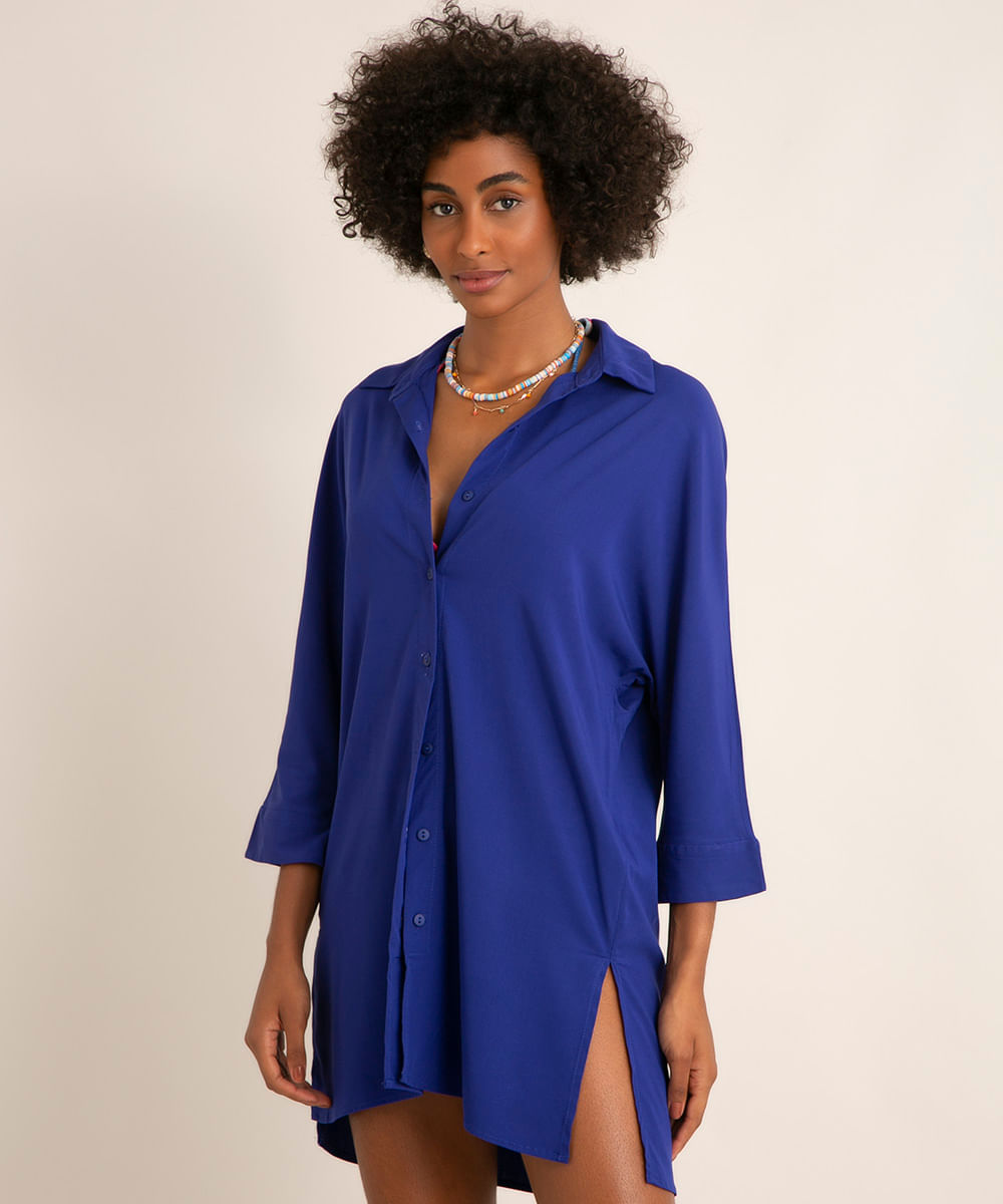 saída de praia chemise curto de viscose com fenda azul Menor preço em saída de praia chemise curto de viscose com fenda azul