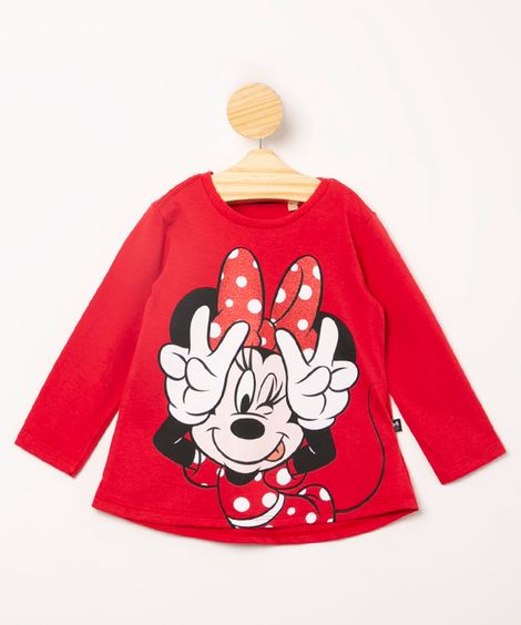 blusa infantil de algodão minnie com glitter manga longa vermelha