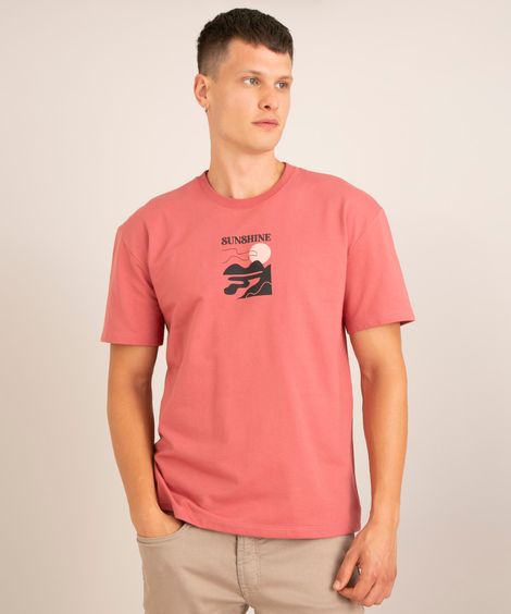 camiseta de moletinho "sunshine" em relevo manga curta gola careca rosa escuro