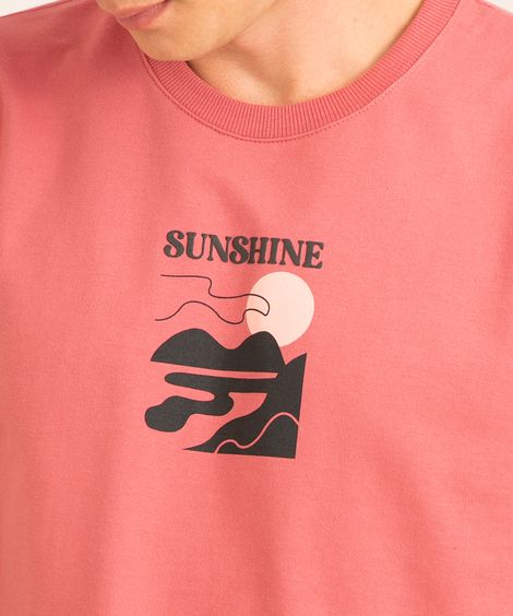 camiseta de moletinho "sunshine" em relevo manga curta gola careca rosa escuro