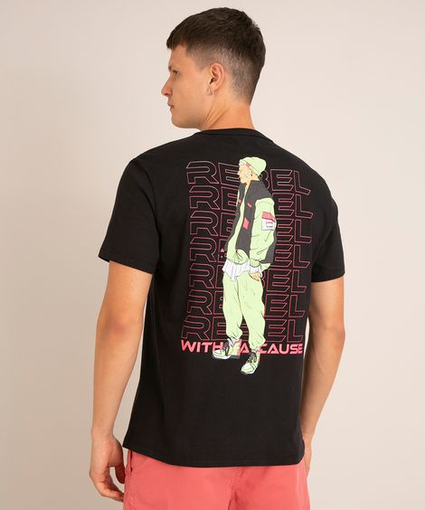 camiseta de algodão com escrito japonês manga curta gola careca preta
