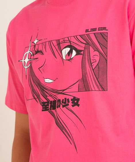 camiseta de algodão com estampa mangá manga curta gola careca pink
