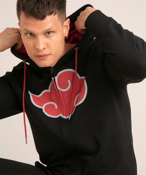 blusão de moletom nuvem naruto com capuz e zíper preto