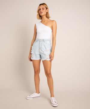 Short Moda Vício Jeans Mom Delavê Com Rasgados Feminino