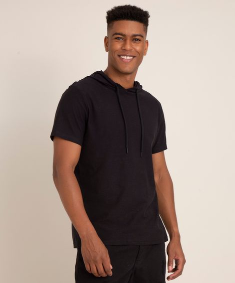 camiseta de algodão manga curta com capuz preta