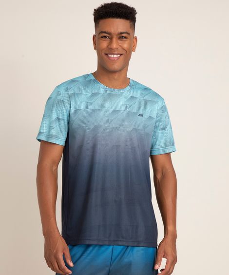 camiseta gola careca manga curta geométrica degradê esportivo azul
