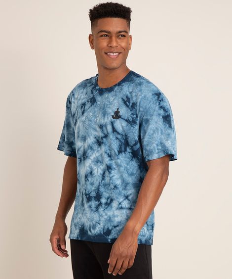 camiseta de algodão gola careca manga curta tie dye yoga esportivo azul