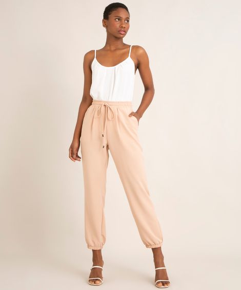 calça jogger com elástico cintura super alta bege