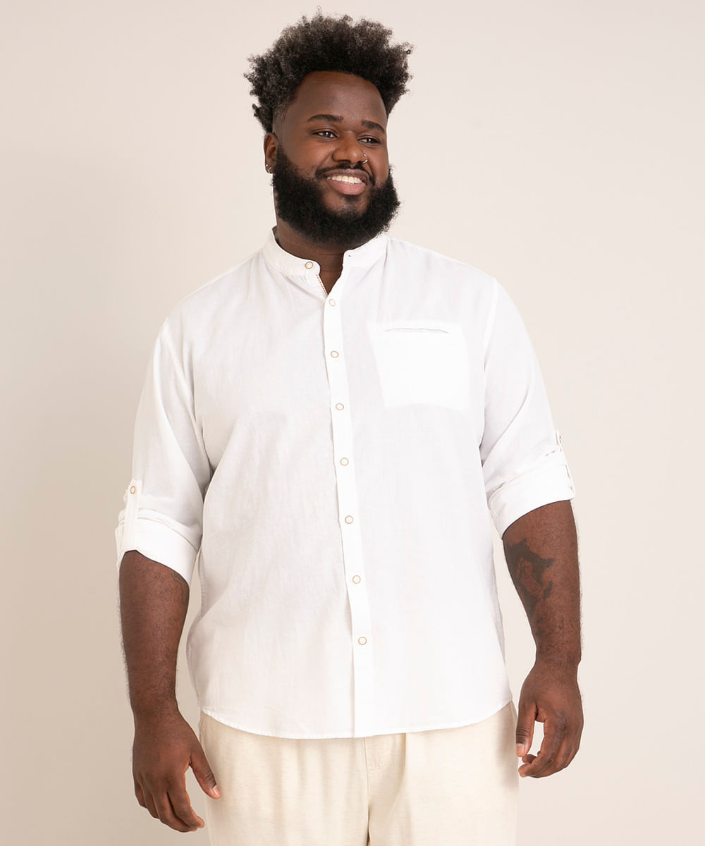 camisa plus size em algodão com linho gola padre manga longa branco Menor preço em camisa plus size em algodão com linho gola padre manga longa branco