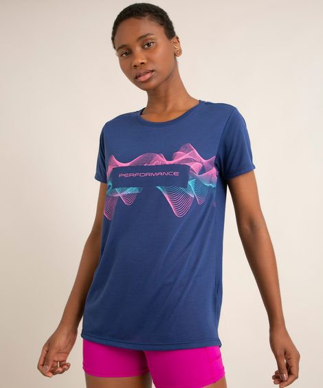 Blusa Feminina Esportiva "Performance" Manga Curta Decote Redondo Azul Marinho