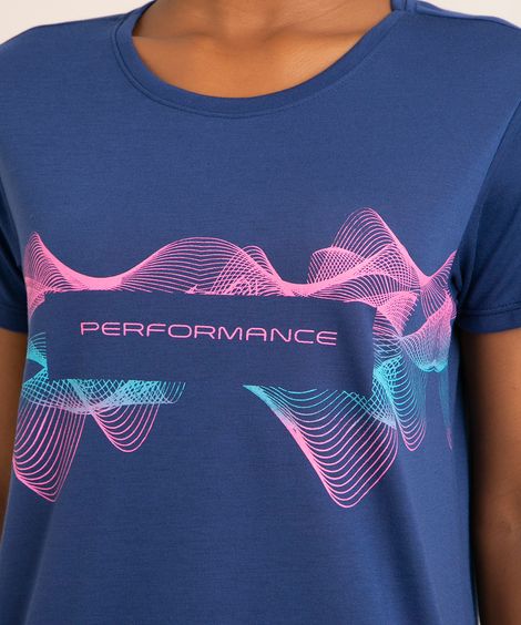 Blusa Feminina Esportiva "Performance" Manga Curta Decote Redondo Azul Marinho